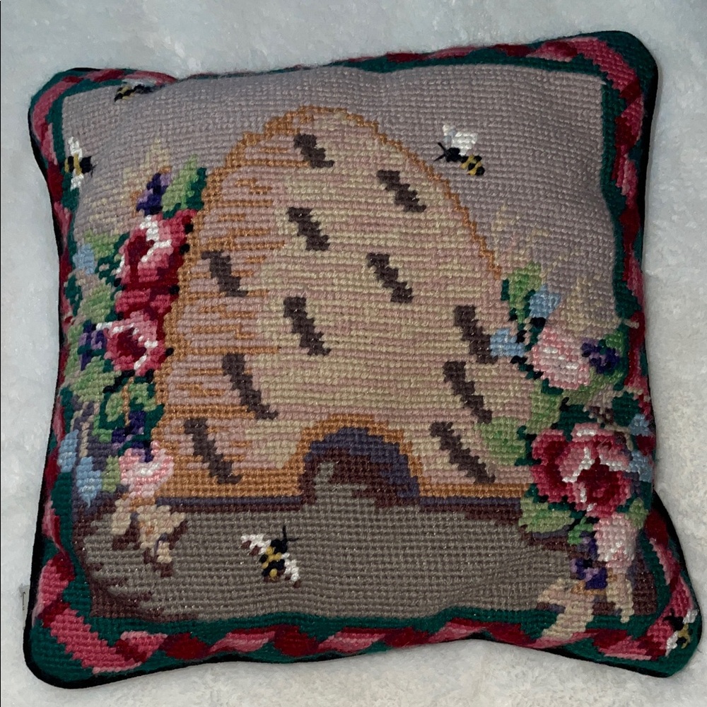 Midwest brand vintage needlepoint pillow featuring bees, beehive & flowers